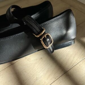 Black lamb skin  Ballet Flats with Gold Buckle
